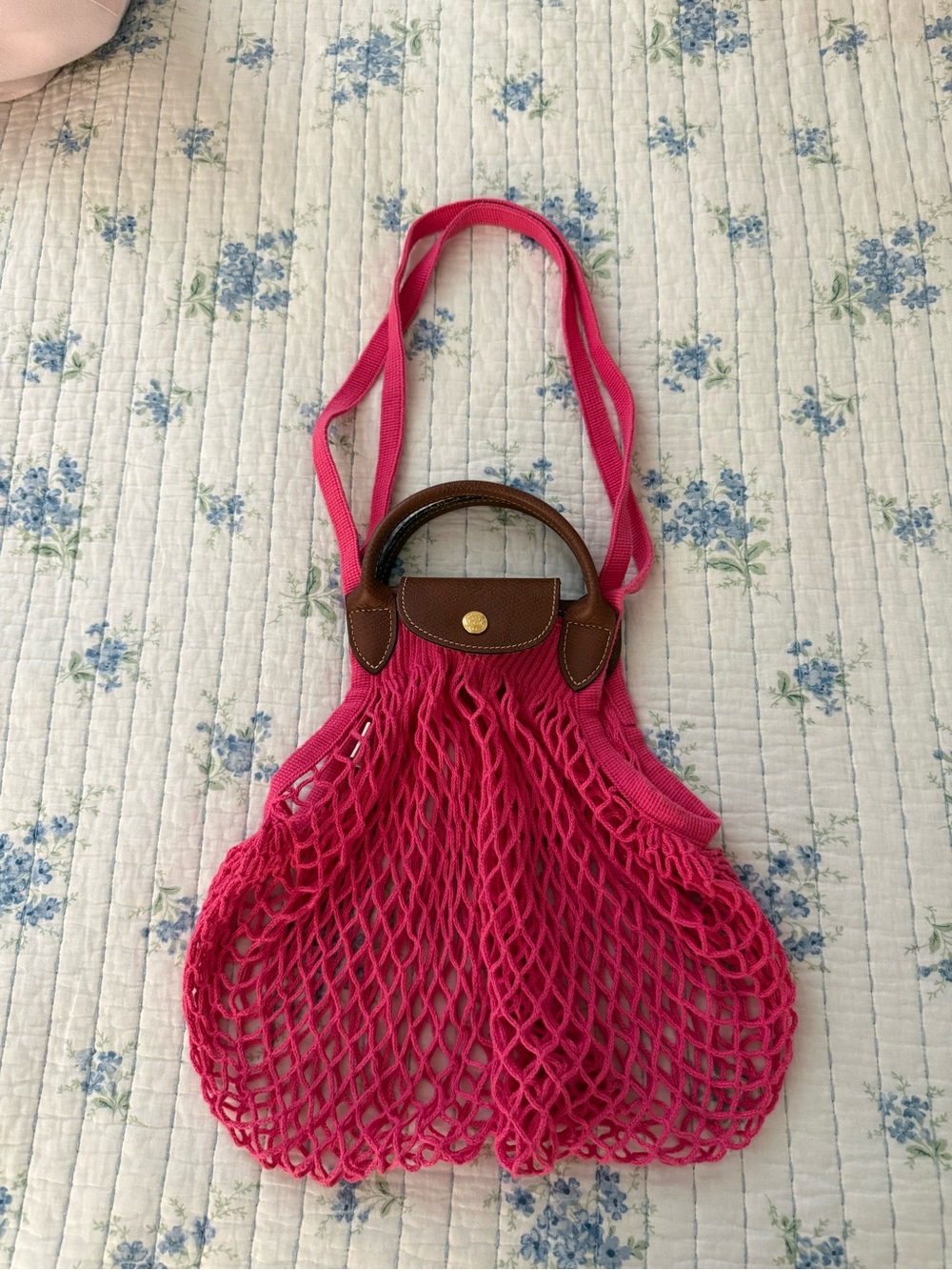 Longchamp Bright Pink Mesh Tote Bag with Brown Trim - Women Bags